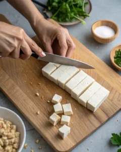 Tofu Marinado Viral: Solo 8 Ingredientes 18 cortando tofu firme en cubos sobre tabla de madera