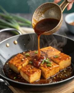 Tofu Marinado Viral: Solo 8 Ingredientes 22 salsa espesa vertida sobre tofu dorado