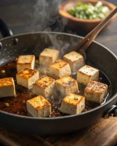 Tofu Marinado Viral: Solo 8 Ingredientes 21 tofu dorándose en sartén con aceite