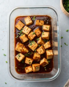 Tofu Marinado Viral: Solo 8 Ingredientes 20 tofu marinando dentro de recipiente en refrigerador