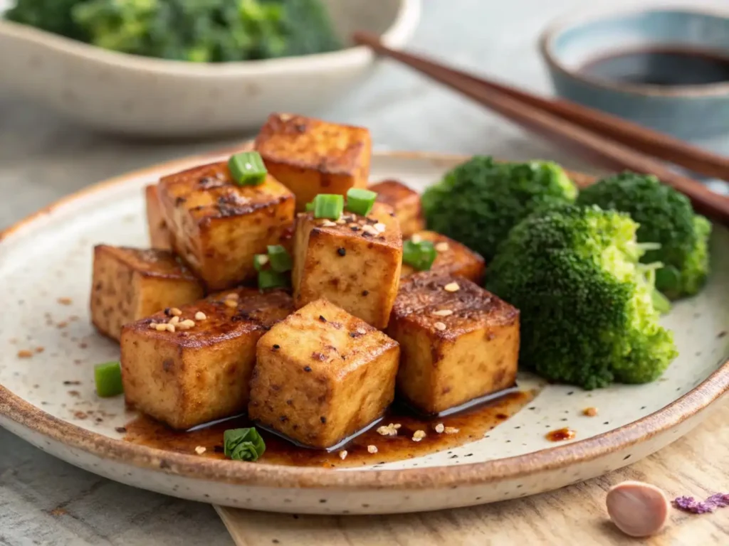 Tofu marinado crujiente con brócoli en plato rústico