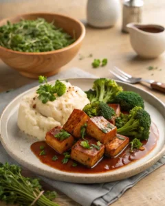 Tofu Marinado Viral: Solo 8 Ingredientes 23 tofu marinado servido con verduras y puré vegetal